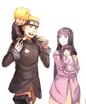  2girls azugo_(yifanwu) black_hair blonde_hair blue_eyes carrying facial_mark family father_and_daughter father_and_son husband_and_wife hyuuga_hinata long_hair mother_and_daughter mother_and_son multiple_boys multiple_girls naruto naruto_(series) short_hair shoulder_carry siblings smile uzumaki_boruto uzumaki_himawari uzumaki_naruto 
