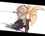  1girl absurdres bangs blue_eyes boots brown_footwear drill_hair dust eyebrows_visible_through_hair grey_hakama hair_between_eyes hair_ribbon hakama hatakaze_(kantai_collection) headgear highres holding holding_sword holding_weapon japanese_clothes kantai_collection karasuma_kuraha kimono light_brown_hair meiji_schoolgirl_uniform one_knee open_clothes open_kimono ponytail red_ribbon ribbon serious short_hair simple_background solo sword twin_drills wavy_hair weapon 