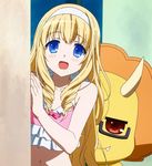  1girl amagi_brilliant_park bikini blonde_hair blue_eyes blush character_request drill_hair fujimi_shobo latifa_fleuranza long_hair looking_at_viewer open_mouth screencap smile standing swimsuit 