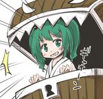  blush box green_eyes green_hair grin in_box in_container jagabutter kisume looking_at_viewer mimic mimic_chest sharp_teeth smile solo teeth touhou two_side_up 