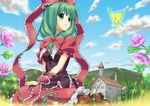  beluo77 bow bug butterfly cloud day dress flower frills front_ponytail green_eyes green_hair hair_bow hair_ribbon highres house insect kagiyama_hina long_hair ribbon sky smile solo touhou 