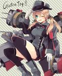  ;d anchor_hair_ornament black_legwear black_ribbon black_skirt blonde_hair blue_eyes blush german gloves hair_ornament hair_ribbon hat hitona12 iron_cross kantai_collection long_hair long_sleeves microskirt military military_uniform motion_lines one_eye_closed open_mouth over-kneehighs peaked_cap pleated_skirt prinz_eugen_(kantai_collection) ribbon skirt smile solo striped striped_background thighhighs translated turret twintails uniform white_gloves 