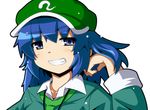  blue_eyes blue_hair grin hat kawashiro_nitori long_hair ryuu_(multitask) smile solo touhou two_side_up 