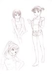  chikyuu_no_houkago glasses monochrome multiple_girls ponytail shorts sketch suspenders traditional_media yoshitomi_akihito 