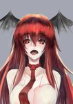  areolae bad_id bad_pixiv_id breast_squeeze breasts collarbone fangs grey_background head_wings koakuma large_breasts long_hair looking_at_viewer marubororaito necktie nude open_mouth red_eyes red_hair red_neckwear simple_background sketch slit_pupils solo teeth tongue touhou upper_body 