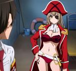  1boy 1girl amagi_brilliant_park bikini breasts brown_eyes brown_hair cleavage eyepatch fujimi_shobo hat large_breasts long_hair navel pirate pirate_hat red_bikini screencap sento_isuzu standing swimsuit sword thighs weapon yellow_eyes 