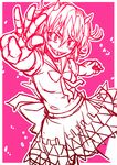  :d \||/ blush_stickers bow bowtie directional_arrow dress evil_grin evil_smile foreshortening grin horns kijin_seija monochrome open_mouth outstretched_arms sharp_teeth short_hair smile solo tanakara teeth touhou tsurime v-shaped_eyebrows 