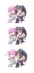  ? bare_shoulders black_hair black_legwear blush bow eating food full-face_blush gebyy-terar hair_ornament hair_ribbon heart holding jitome long_hair looking_at_another multiple_girls neptune_(choujigen_game_neptune) neptune_(series) noire nose_blush open_mouth pudding purple_eyes purple_hair red_eyes ribbon short_hair simple_background sitting smile spoken_heart sweatdrop thighhighs twintails white_background 