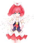  blue_eyes brooch cure_mirage elbow_gloves gloves hair_ribbon happinesscharge_precure! highres jewelry magical_girl pink_hair popped_collar precure queen_mirage red_skirt ribbon shipu_(gassyumaron) short_hair skirt solo spoilers standing tears white_gloves 
