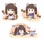  :3 alternate_costume animal_ears bangs black_hair blue_eyes blunt_bangs blush_stickers bowl brave_witches cat_ears cheek_bulge chopsticks eating fish food georgette_lemare hair_ribbon hand_on_own_face holding honda_takashi_(enorea) hood hoodie jacket long_hair long_sleeves military military_uniform multiple_views noodles plate ribbon rice simple_background steam twintails uniform white_background world_witches_series 