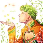  blown_kiss closed_eyes colored_eyelashes giorno_giovanna green_hair halloween holiday-jin jojo_no_kimyou_na_bouken male_focus palette_swap petals plant profile solo twitter_username vines 