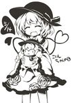  :d ^_^ blush character_doll closed_eyes dated doll greyscale hat heart heart_of_string jagabutter komeiji_koishi monochrome open_mouth short_hair smile solo touhou 
