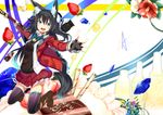  animal_ears black_hair blue_eyes blush boots cake fingerless_gloves food fox_ears fox_tail fruit gloves haik happy_birthday highres jewelry katana kneeling long_hair looking_at_viewer necklace open_mouth original sheath smile solo strawberry sword tail thighhighs weapon 