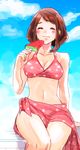  arm_at_side bad_id bad_pixiv_id bikini blue_sky blush boku_no_hero_academia breasts brown_hair closed_eyes cloud day eating facing_viewer food holding holding_food medium_breasts navel polka_dot polka_dot_bikini popsicle red_bikini sarong short_hair sitting sky solo swimsuit uraraka_ochako watermelon_bar yagiushi_(sinnpatilove) 