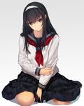  black_hair collarbone grey_eyes hairband highres long_hair long_sleeves looking_at_viewer neckerchief original school_uniform serafuku shirt sitting skirt solo wariza zen99 