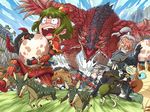  2boys 2girls angry blue_eyes blue_sky blush bullfango capcom clenched_teeth cloud egg felyne green_hair hoby kelbi melynx monster monster_hunter multiple_boys multiple_girls open_mouth outdoors rathalos running scared sky sweat sword tears teeth teostra_(armor) velociprey weapon white_hair wings yian_kut-ku_(armor) 