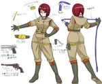  armband bangle black_gloves boots bracelet breasts brown_eyes brown_hair character_sheet choker desert_eagle gloves gun hand_on_hip handgun highres jewelry knee_boots large_breasts multiple_views okyou pistol revolver the_king_of_fighters thigh_pouch thigh_strap translation_request weapon whip whip_(kof) 