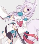  animal_ear_fluff animal_ears blue_eyes blush dagger detached_sleeves fox_ears fox_tail grey_background itoichi. japanese_clothes kon_(tokyo_ravens) long_hair long_sleeves lowres ribbon-trimmed_sleeves ribbon_trim silver_hair simple_background solo spoilers tail thighhighs tokyo_ravens weapon wide_sleeves 