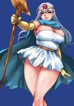  blue_background blue_cape breasts bursting_breasts cape curvy dragon_quest dragon_quest_iii dress elbow_gloves gloves huge_breasts long_hair lowres matoyama panties pantyshot pantyshot_(standing) red_eyes sage_(dq3) silver_hair simple_background solo staff standing taut_clothes taut_dress tiara underwear white_dress 
