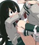  1girl asui_tsuyu black_eyes black_hair blush boku_no_hero_academia censored clothed_sex commentary_request freckles hetero long_hair long_legs midoriya_izuku mosaic_censoring panties panty_pull penis school_uniform sex tomu_(tomubobu) u.a._school_uniform underwear vaginal 