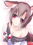  alternate_hair_length alternate_hairstyle animal_ears asn_s bare_shoulders blush breast_hold breasts brooch brown_hair circle cleavage collarbone dress gradient gradient_background highres imaizumi_kagerou jewelry leaning_forward long_sleeves looking_at_viewer looking_up medium_breasts pink_background red_eyes short_hair smile solo strapless strapless_dress tail touhou upper_body wolf_ears wolf_tail 