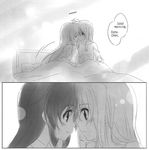  2girls bed blanket blush comic couple eye_contact fate_testarossa female happy kiss long_hair looking_at_another lyrical_nanoha mahou_shoujo_lyrical_nanoha mahou_shoujo_lyrical_nanoha_a&#039;s mahou_shoujo_lyrical_nanoha_a's monochrome multiple_girls smile takamachi_nanoha tokoharu translated yuri 