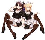  absurdres ahoge apron black_hair black_legwear blonde_hair breasts choker cleavage fate/stay_night fate_(series) full_body garters green_eyes hair_ribbon highres leg_up looking_at_viewer maid maid_apron maid_headdress medium_breasts multiple_girls ribbon saber simple_background sitting smile takeuchi_takashi thighhighs tohsaka_rin twintails two_side_up white_background wrist_cuffs zettai_ryouiki 