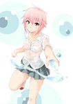  bottle d-frag! kesuida mizukami_sakura no_bra no_socks pink_hair pleated_skirt see-through shirt skirt smile solo splashing water_bottle wet wet_clothes wet_shirt 