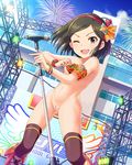  1girl armband bracelet breasts edited fireworks idolmaster idolmaster_cinderella_girls microphone microphone_stand nude nude_filter photoshop pussy saejima_kiyomi smile solo stage wink 