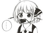  1girl ahoge collared_shirt food food_in_mouth full_mouth greyscale hair_ribbon in_nose jagabutter monochrome pocky ribbon rumia shirt short_hair solo tareme touhou vest you're_doing_it_wrong 