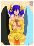  asymmetrical_wings breasts choker dizzy dress elbow_gloves gloves guilty_gear hair_ribbon hair_up large_breasts looking_at_viewer purple_hair red_eyes ribbon ribbon_choker short_hair smile solo steepled_fingers strapless strapless_dress underboob wings yellow_dress yellow_gloves yukikaseni 