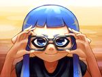  1girl blue_eyes blue_hair domino_mask glasses inkling looking_at_viewer mask natahan_studios nintendo pointy_ears portrait splatoon squid t-shirt tentacle_hair twintails 