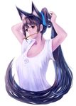  animal_ears arms_up breasts brown_eyes brown_hair cleavage hair_ribbon highres holding large_breasts long_hair looking_at_viewer mouth_hold original ponytail ribbon sakimori_(hououbds) shirt simple_background solo t-shirt very_long_hair white_background 