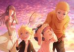  2girls :d blonde_hair blue_eyes brother_and_sister butterfly_net closed_eyes facial_mark family father_and_daughter father_and_son flower_wreath hair_bobbles hair_ornament hand_net haneru head_wreath hyuuga_hinata long_hair mother_and_daughter mother_and_son multiple_boys multiple_girls naruto naruto_(series) open_mouth purple_hair purple_sky siblings smile sunset uzumaki_boruto uzumaki_himawari uzumaki_naruto whisker_markings 