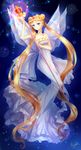  back_bow bad_id bad_pixiv_id bare_shoulders bishoujo_senshi_sailor_moon blonde_hair blue_background blue_eyes bow double_bun dress full_body highres kaminary long_hair neo_queen_serenity signature smile solo spiral_heart_moon_rod staff strapless strapless_dress tiara tsukino_usagi twintails white_dress 