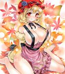  aki_minoriko at_classics blonde_hair blush breasts choker covered_nipples food fruit hat large_breasts leaf leaf_background mob_cap no_panties red_eyes ribbon_choker sample short_hair sitting smile solo suspenders touhou traditional_media wariza watermark wheat 