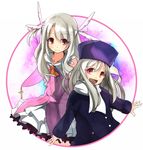  chippucream dual_persona fate/kaleid_liner_prisma_illya fate/stay_night fate_(series) feathers hair_feathers hat illyasviel_von_einzbern long_hair magical_girl multiple_girls prisma_illya purple_hat red_eyes white_hair 