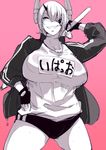  breasts clothes_lift grin highres jacket kantai_collection large_breasts looking_at_viewer pink_background simple_background smile solo sweater sweater_lift takatoo_kurosuke tenryuu_(kantai_collection) thighs translated 