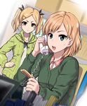  blonde_hair blue_eyes cardigan corded_phone g-tetsu grey_eyes hair_ornament hairclip highres miyamori_aoi multiple_girls open_mouth phone shirobako short_hair talking_on_phone twintails yano_erika 