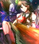  arm_cannon bad_id bad_pixiv_id bird_wings black_wings bow brown_hair cape hair_bow hizagawa_rau light_smile long_hair looking_at_viewer puffy_short_sleeves puffy_sleeves red_eyes reiuji_utsuho shirt short_sleeves skirt solo space third_eye touhou very_long_hair weapon wings 