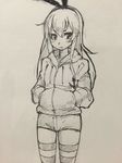  :t casual commentary eu03 flat_chest hands_in_pockets hood hoodie kantai_collection long_hair pout scan shimakaze_(kantai_collection) shorts sketch solo striped striped_legwear thighhighs 