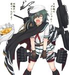  admiral_(kantai_collection) ammunition_belt cape closed_eyes cup eyepatch food gloves green_hair hat kantai_collection kiso_(kantai_collection) nikonikosiro open_mouth pudding remodel_(kantai_collection) school_uniform serafuku skirt translated turret uniform weapon 