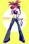  asuna_(pokemon) bad_id bad_pixiv_id character_name crop_top denim domu_(hamadura) full_body grin gym_leader highres jeans long_hair looking_at_viewer midriff pants pointing pokemon pokemon_(game) pokemon_oras ponytail red_eyes red_hair sketch smile solo yellow_background 