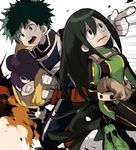  2boys asui_tsuyu bad_id bad_pixiv_id belt black_eyes black_hair bodysuit boku_no_hero_academia frog_girl gloves green_bodysuit long_hair midoriya_izuku mineta_minoru monster_girl multiple_boys shina_000 