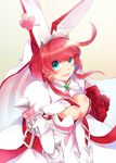  aqua_eyes bad_id bad_pixiv_id breasts cleavage clover elphelt_valentine flower four-leaf_clover guilty_gear guilty_gear_xrd large_breasts long_hair looking_at_viewer red_hair rose shindenkasei smile solo 