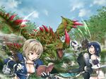  2boys 2girls am. arrow asuru_(armor) bare_shoulders blue_eyes blue_hair book breasts brown_hair capcom cleavage espinas hairband horn kirin_(armor) monster monster_hunter monster_hunter_frontier multiple_boys multiple_girls open_mouth short_hair tree weapon white_hair 