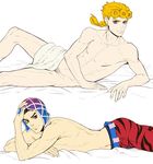  animal_print black_hair blonde_hair giorno_giovanna guido_mista hat jojo_no_kimyou_na_bouken male_focus multiple_boys nude rozarita shirtless tiger_print 