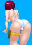  ass back bangle bent_over bikini blue_background bracelet breasts brown_hair choker fat_mons from_behind highres jewelry large_breasts okyou solo swimsuit the_king_of_fighters thigh_pouch thigh_strap underboob whip_(kof) white_bikini 