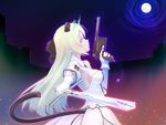 animal_ears artoria_pendragon_(all) bare_shoulders black_bow blonde_hair blue_eyes bow breasts building caliburn cat_ears cat_tail cosplay detached_collar detached_sleeves dress dual_wielding fate/stay_night fate/unlimited_codes fate_(series) foreshortening full_moon gloves green_eyes gun hair_bow handgun heinrike_prinzessin_zu_sayn-wittgenstein holding holding_gun holding_sword holding_weapon kamen_rosso kawasumi_ayako long_hair mauser_c96 medium_breasts moon moonlight night night_sky noble_witches outline saber saber_lily saber_lily_(cosplay) seiyuu_connection short_sleeves sideboob sky solo sword tail trigger_discipline weapon white_dress white_gloves world_witches_series 