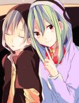  1girl bad_id bad_pixiv_id brown_hair closed_eyes finger_to_mouth green_hair hood hoodie kagerou_project kano_shuuya kido_tsubomi long_hair nako_(inamenaihane) orange_eyes short_hair sleeping 